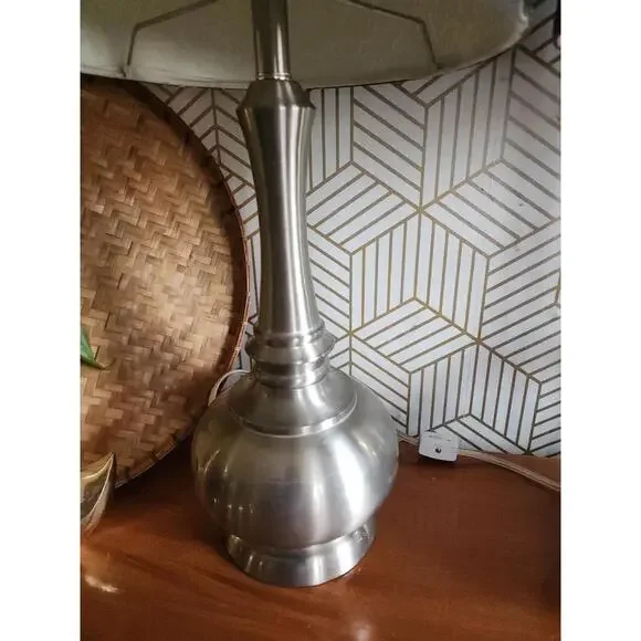 Vintage Early 2000s Brushed Chrome Lamps With Black And Purple Floral Shades - Picture 7 of 11